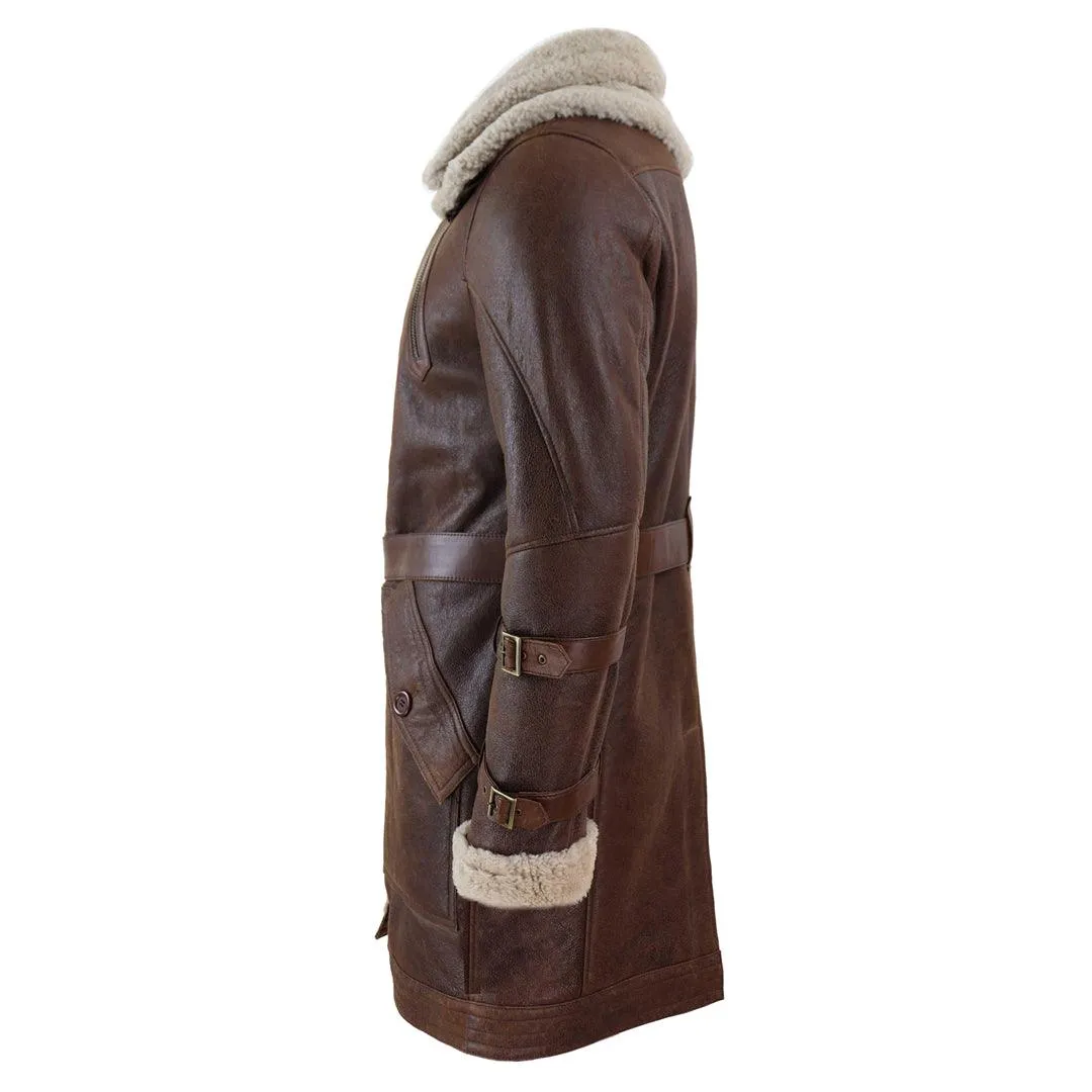 Mens Real 3/4 Shearling Sheepskin Jacket Brown Beige Long Belt Flying Cockpit