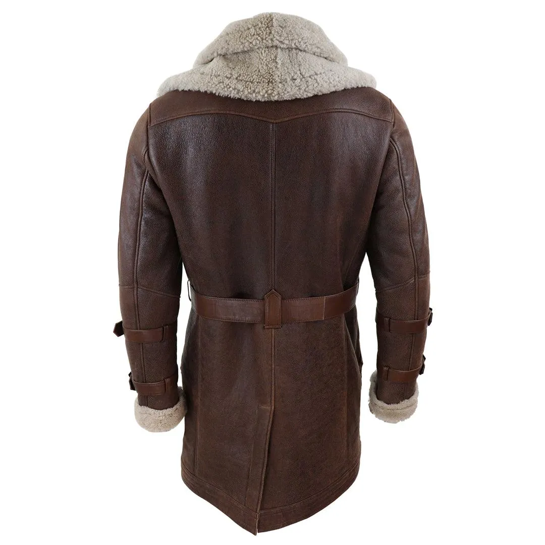 Mens Real 3/4 Shearling Sheepskin Jacket Brown Beige Long Belt Flying Cockpit