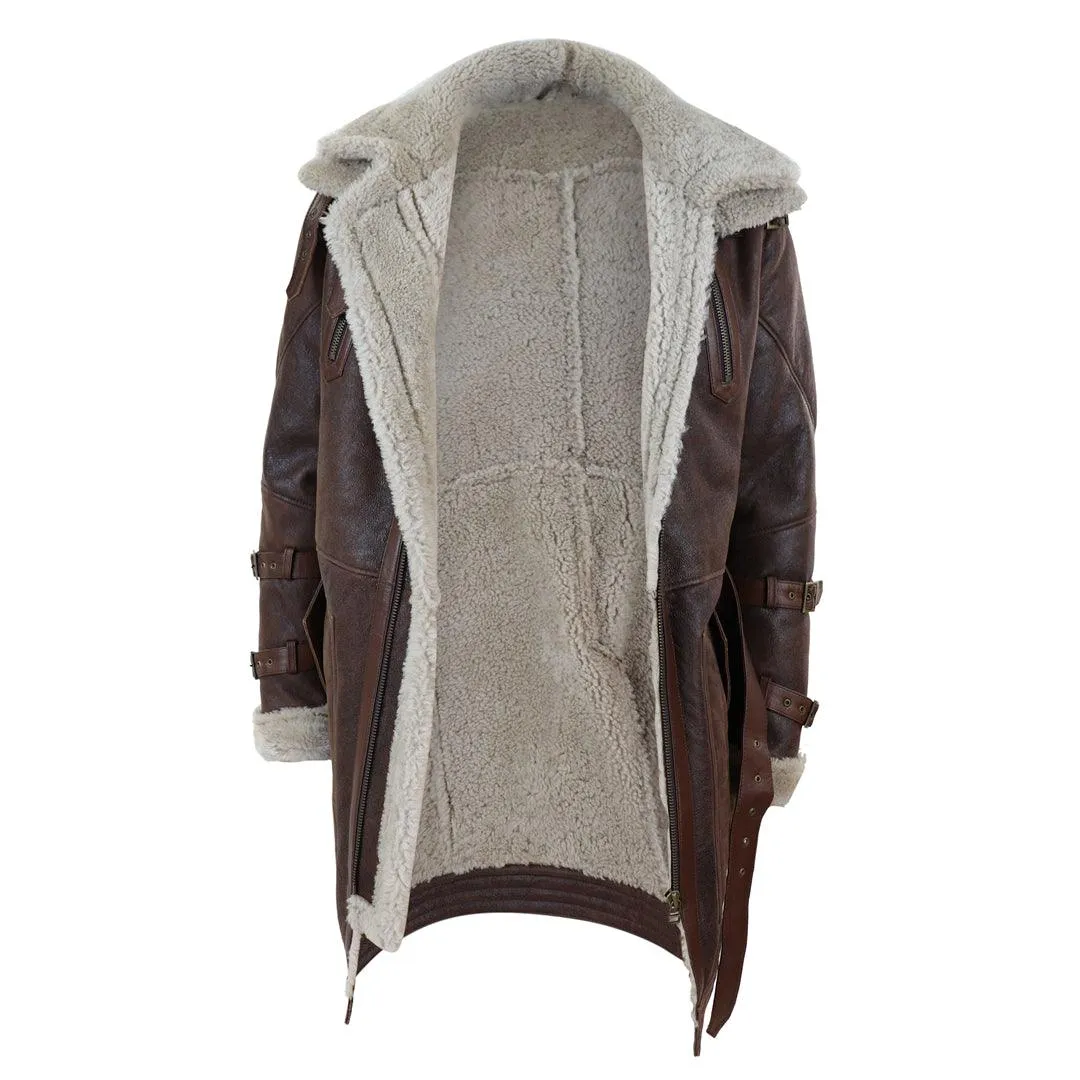 Mens Real 3/4 Shearling Sheepskin Jacket Brown Beige Long Belt Flying Cockpit