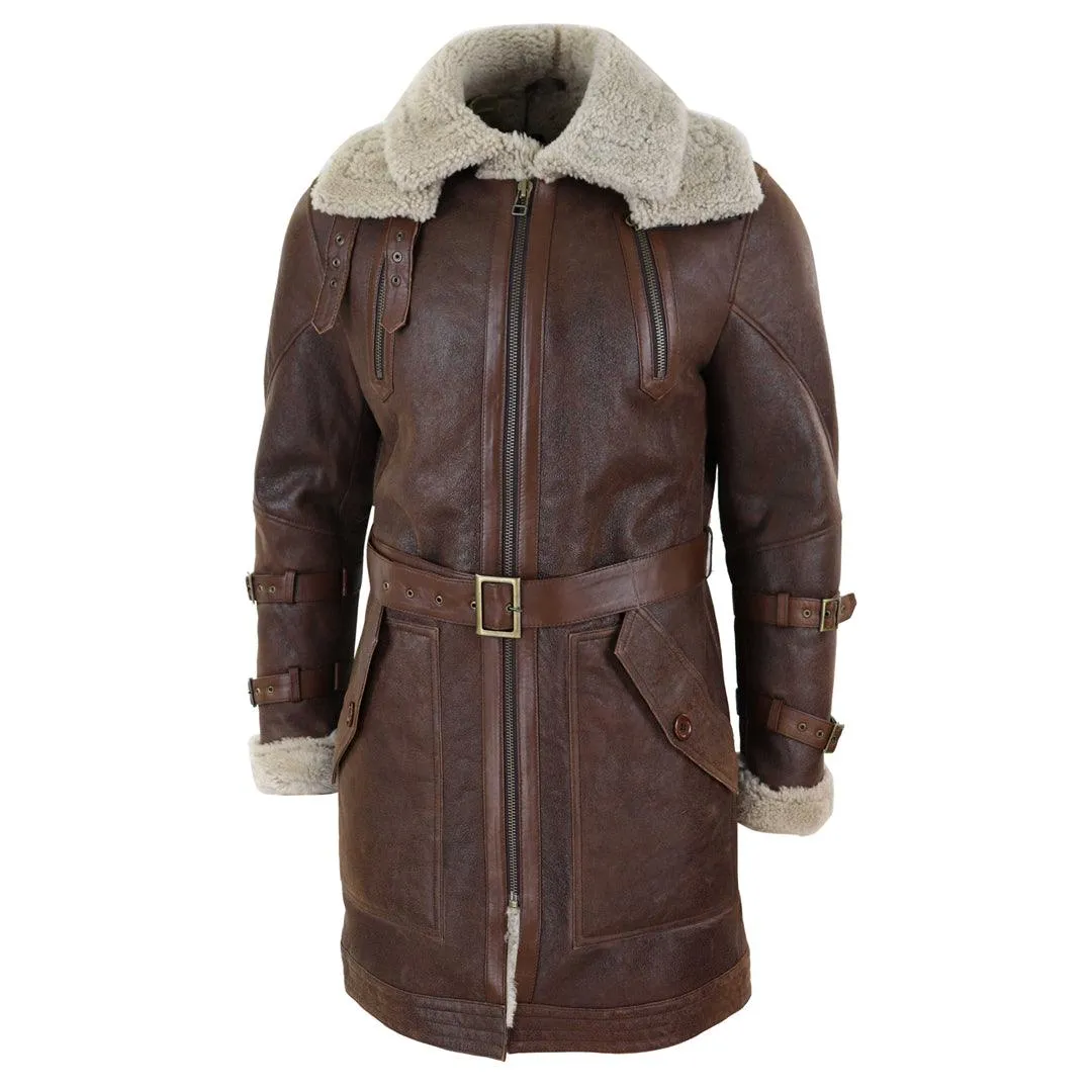 Mens Real 3/4 Shearling Sheepskin Jacket Brown Beige Long Belt Flying Cockpit