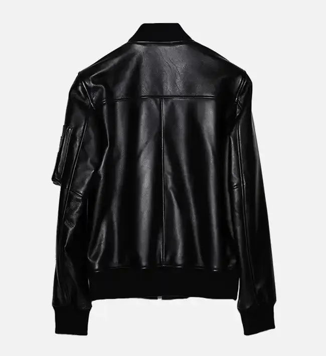 Men's Sheepskin Black Leather Bomber Jacket