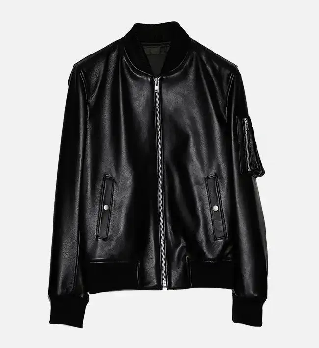 Men's Sheepskin Black Leather Bomber Jacket