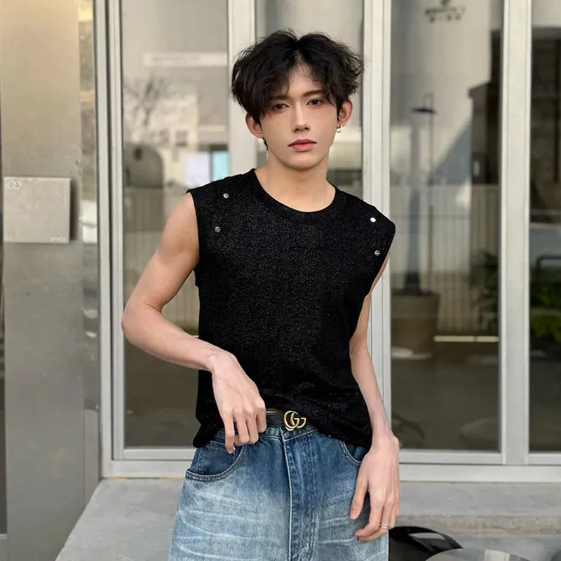 Men's Sleeveless Tank Top Knitted Shirt Fashion Casual Round Collar Solid Color Clothing Slim Fit Male Vest 9C5758