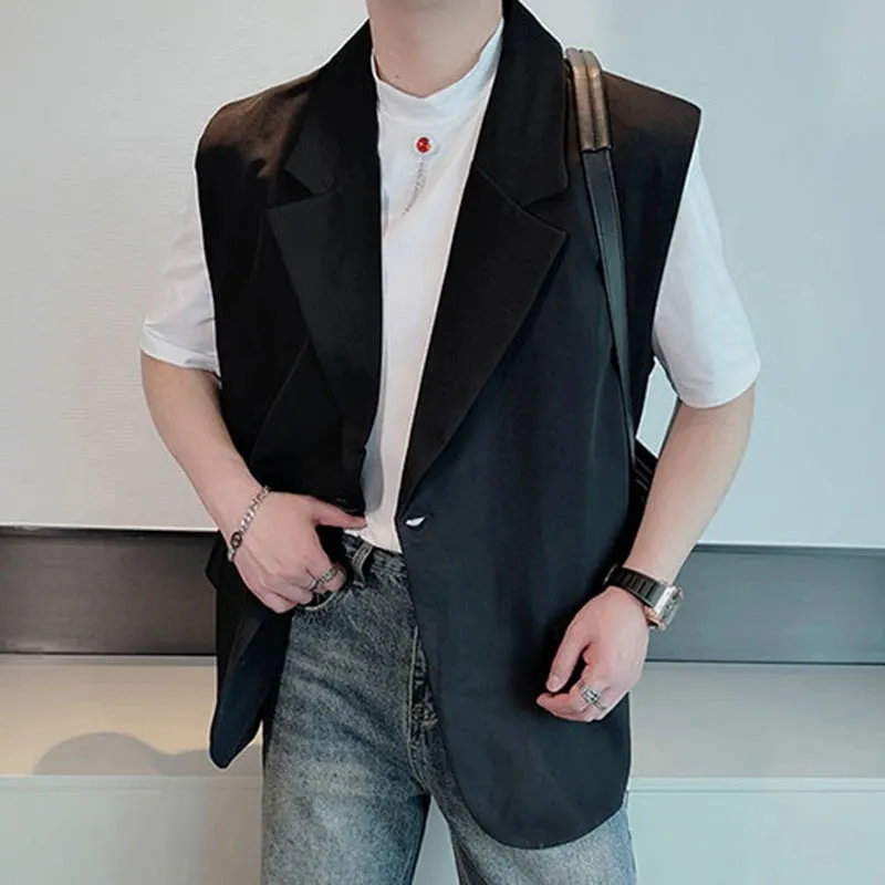 Men's Suit Vest Personality Turn-down Collar Pockets Solid Color Baggy Male Sleeveless Jackets Spring Fashion 9C4847