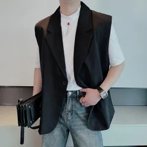 Men's Suit Vest Personality Turn-down Collar Pockets Solid Color Baggy Male Sleeveless Jackets Spring Fashion 9C4847