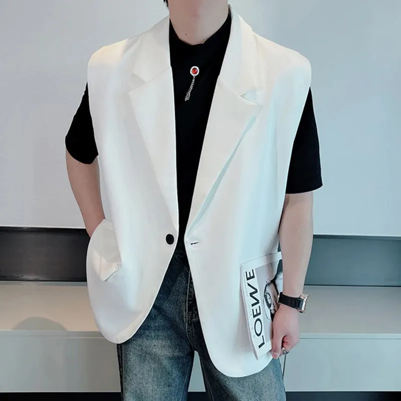 Men's Suit Vest Personality Turn-down Collar Pockets Solid Color Baggy Male Sleeveless Jackets Spring Fashion 9C4847