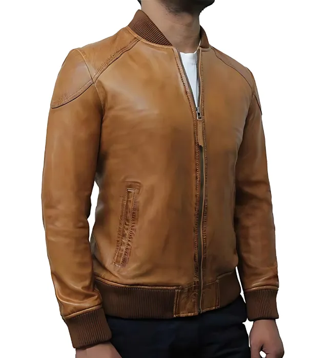 Men’s Tan Brown Waxed Lambskin Bomber Leather Jacket