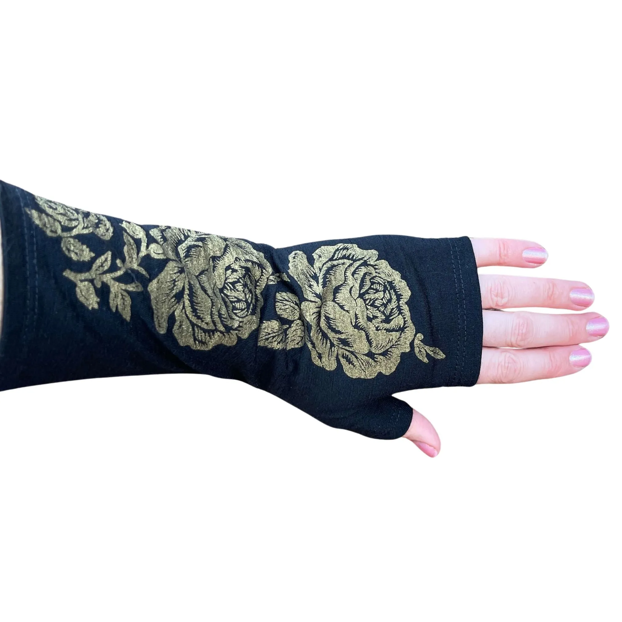 Merino Wool Gloves - Black and Gold Rose