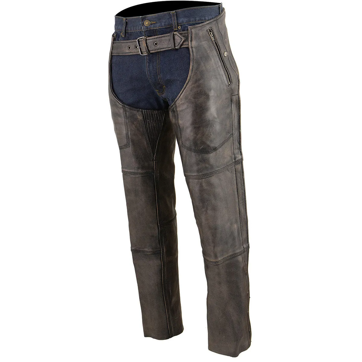 Milwaukee Leather Chaps for Men's Distressed Brown Leather Snap Out Thermal Lined 4-Pockets Motorcycle Chap MLM5500