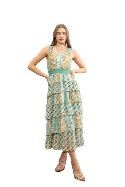 Miss Me Women's Floral Tiered Green Dress