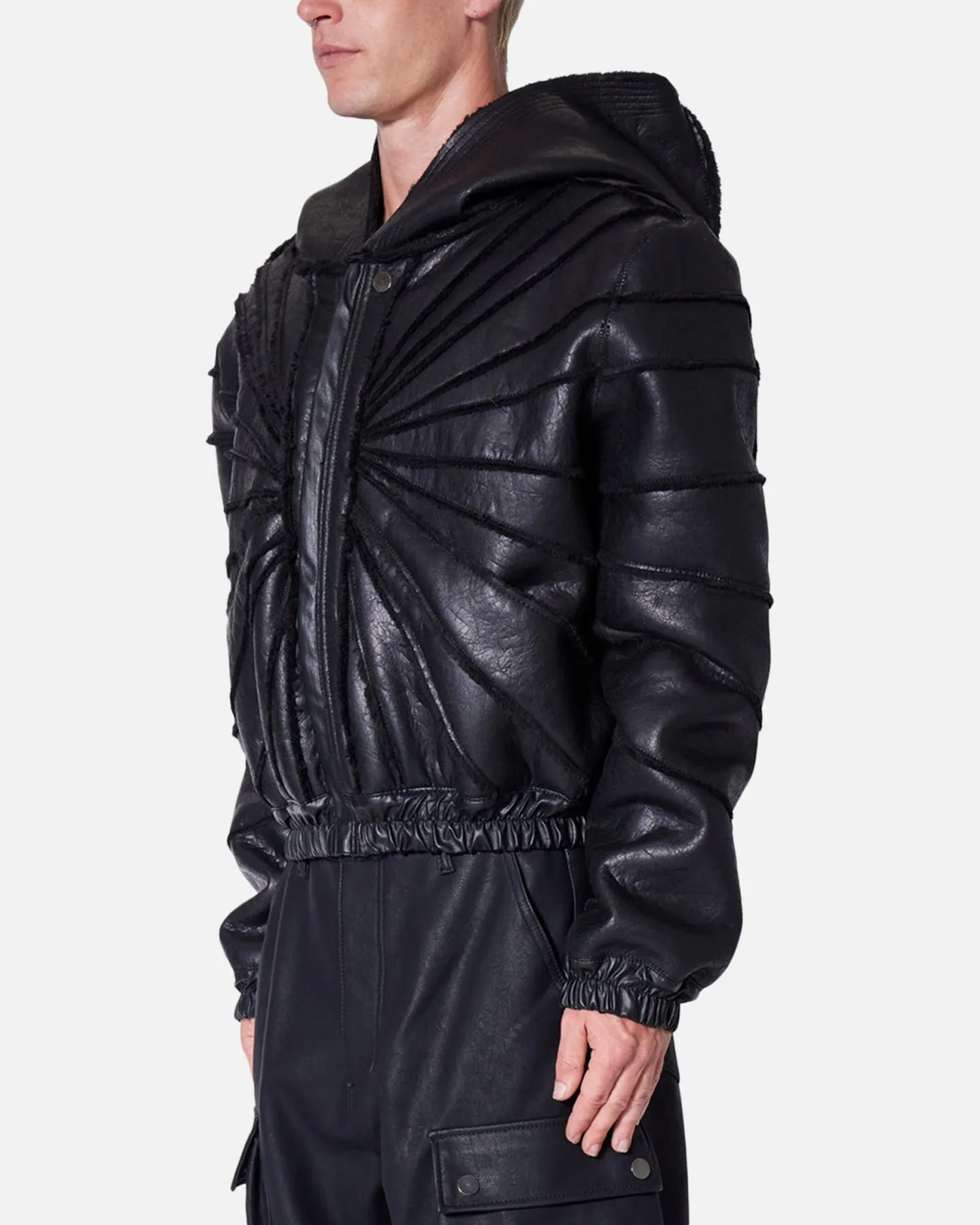 MNML Leather Web Cropped Zip Up Hoodie Black