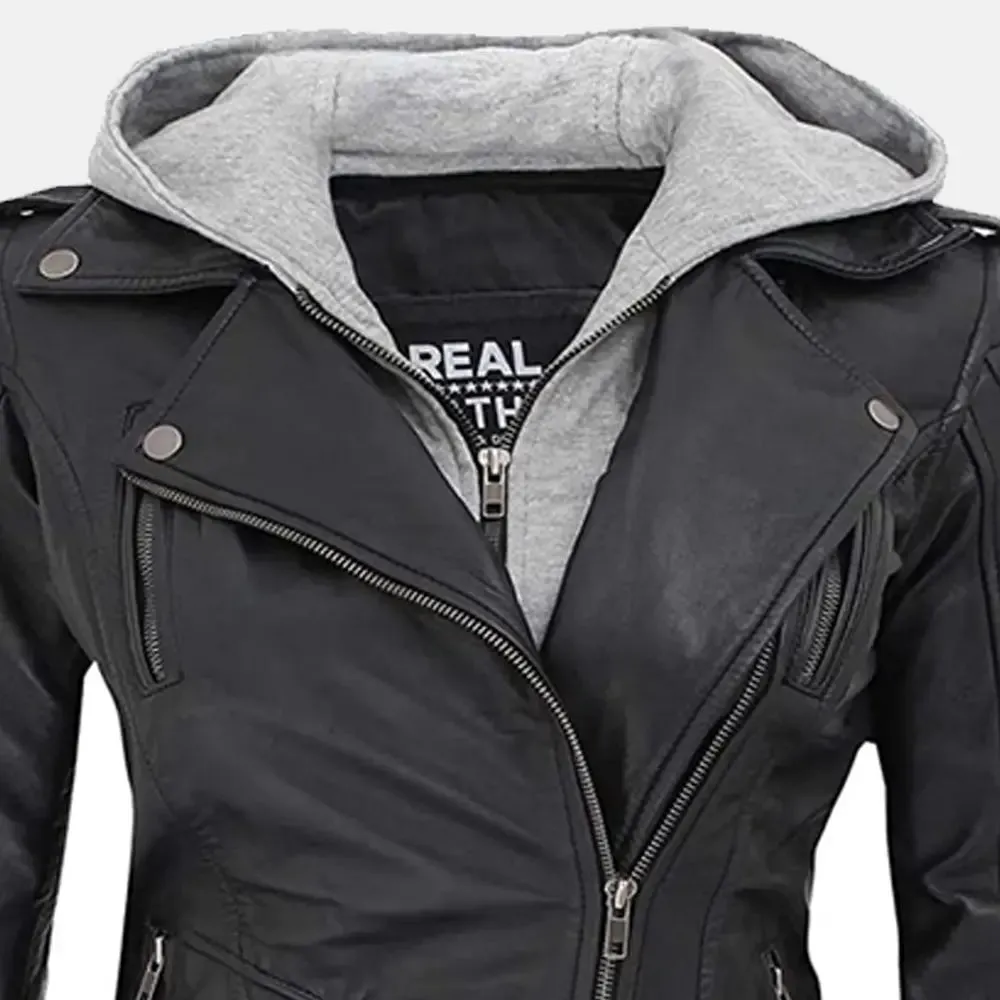 Multi Style Bomber Leather Jacket with Removable Hood