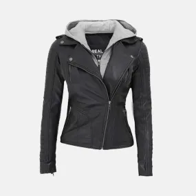 Multi Style Bomber Leather Jacket with Removable Hood