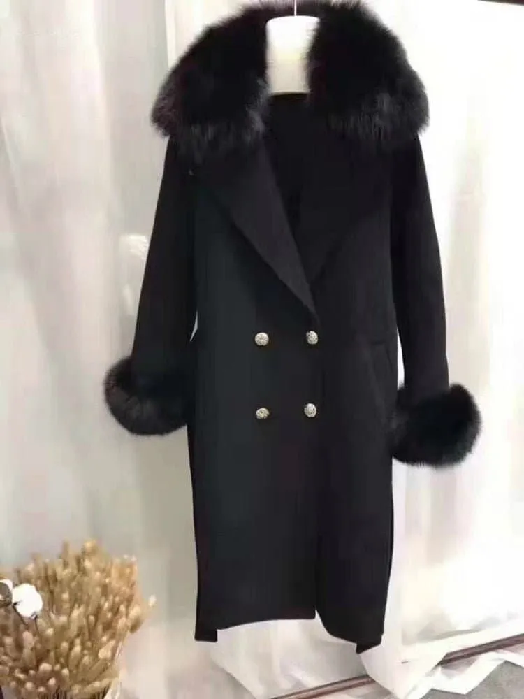 Natural Fox Fur Cashmere Wool Blends Coat