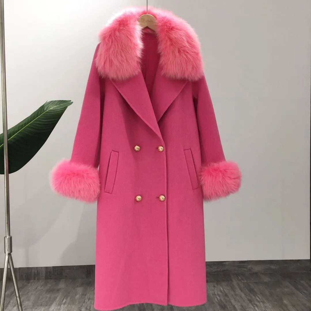 Natural Fox Fur Cashmere Wool Blends Coat