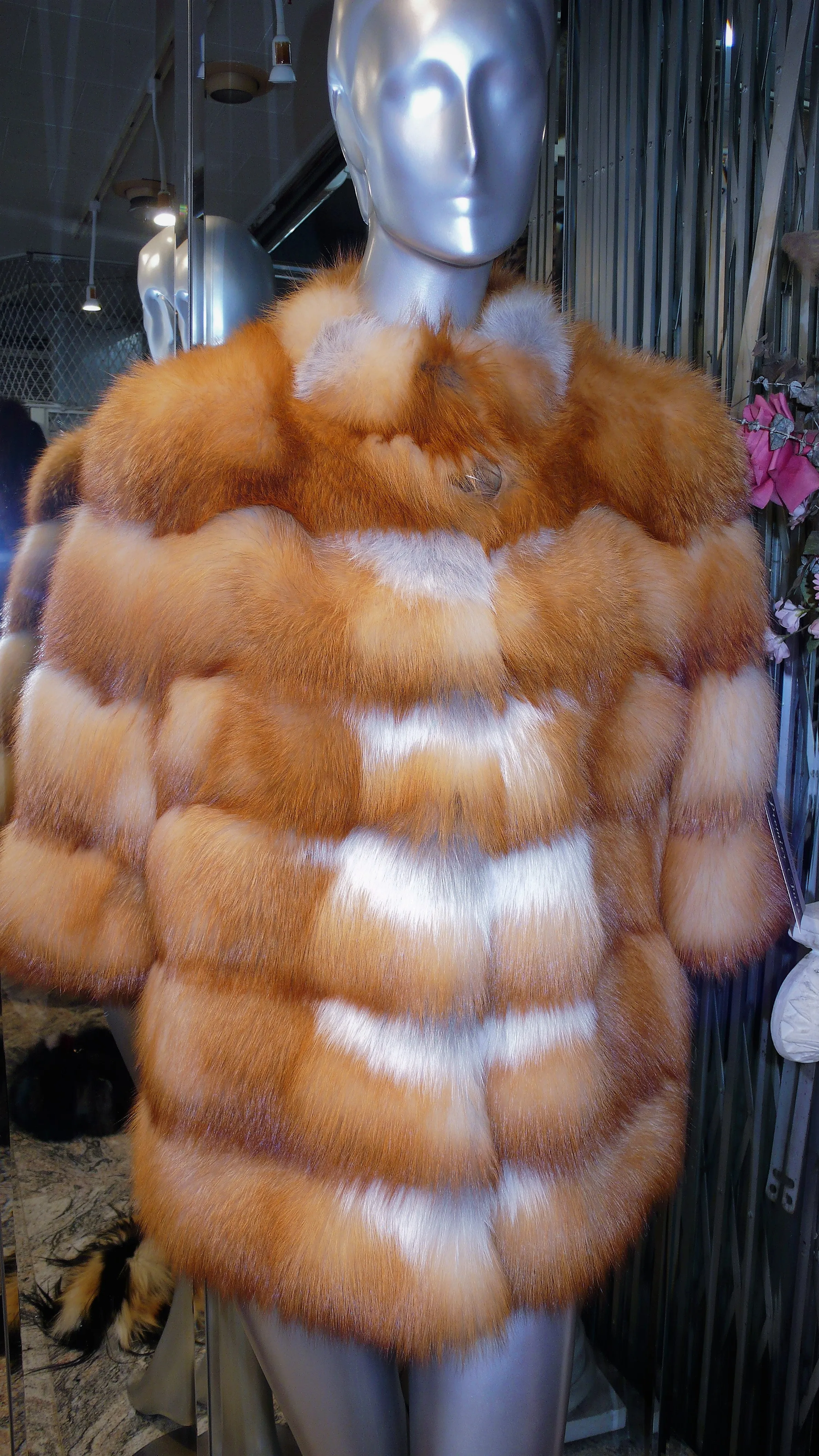 Natural RED FOX FUR Stroller Coat Horizontal Design Modern Youthful Warm