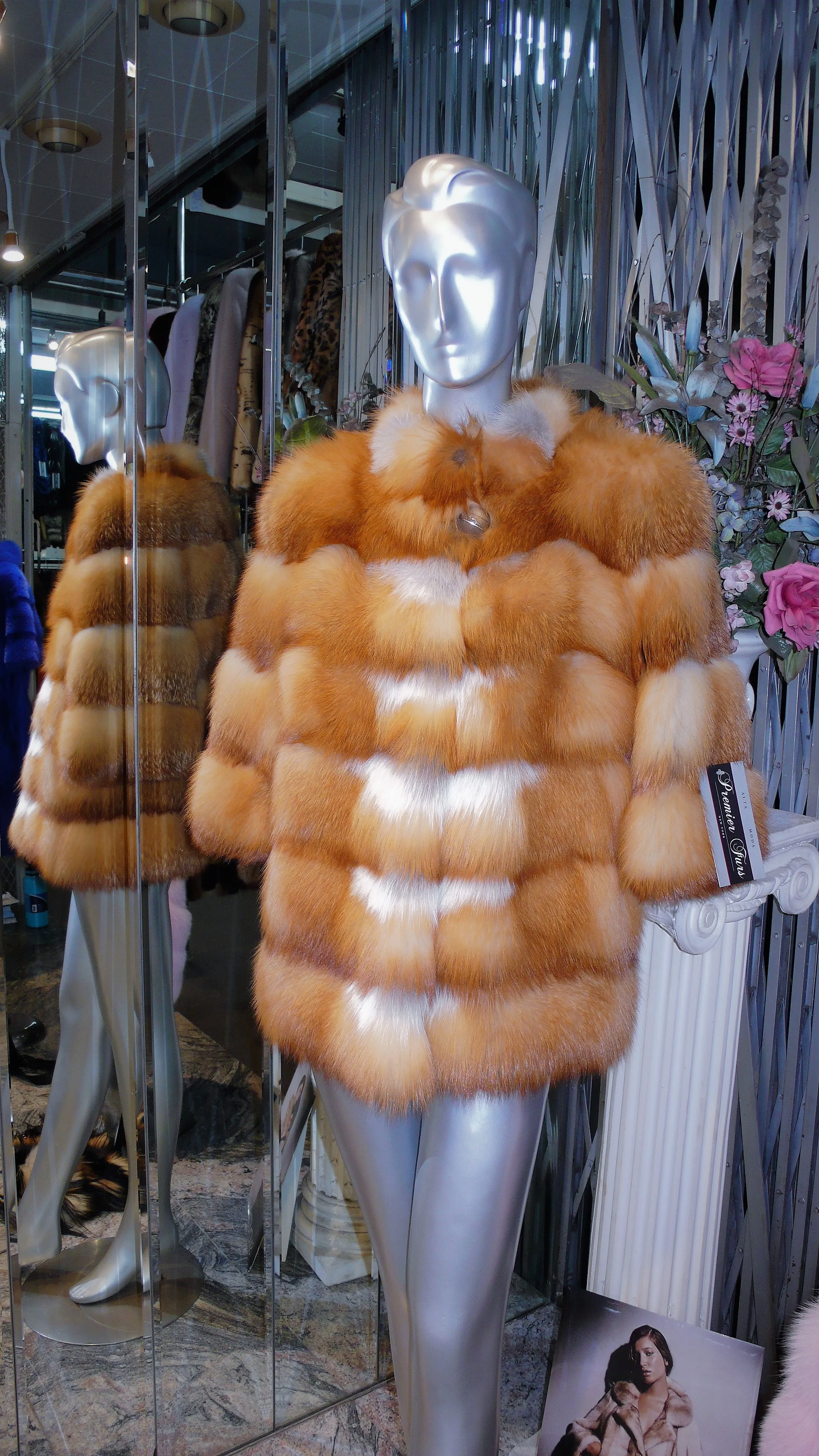 Natural RED FOX FUR Stroller Coat Horizontal Design Modern Youthful Warm