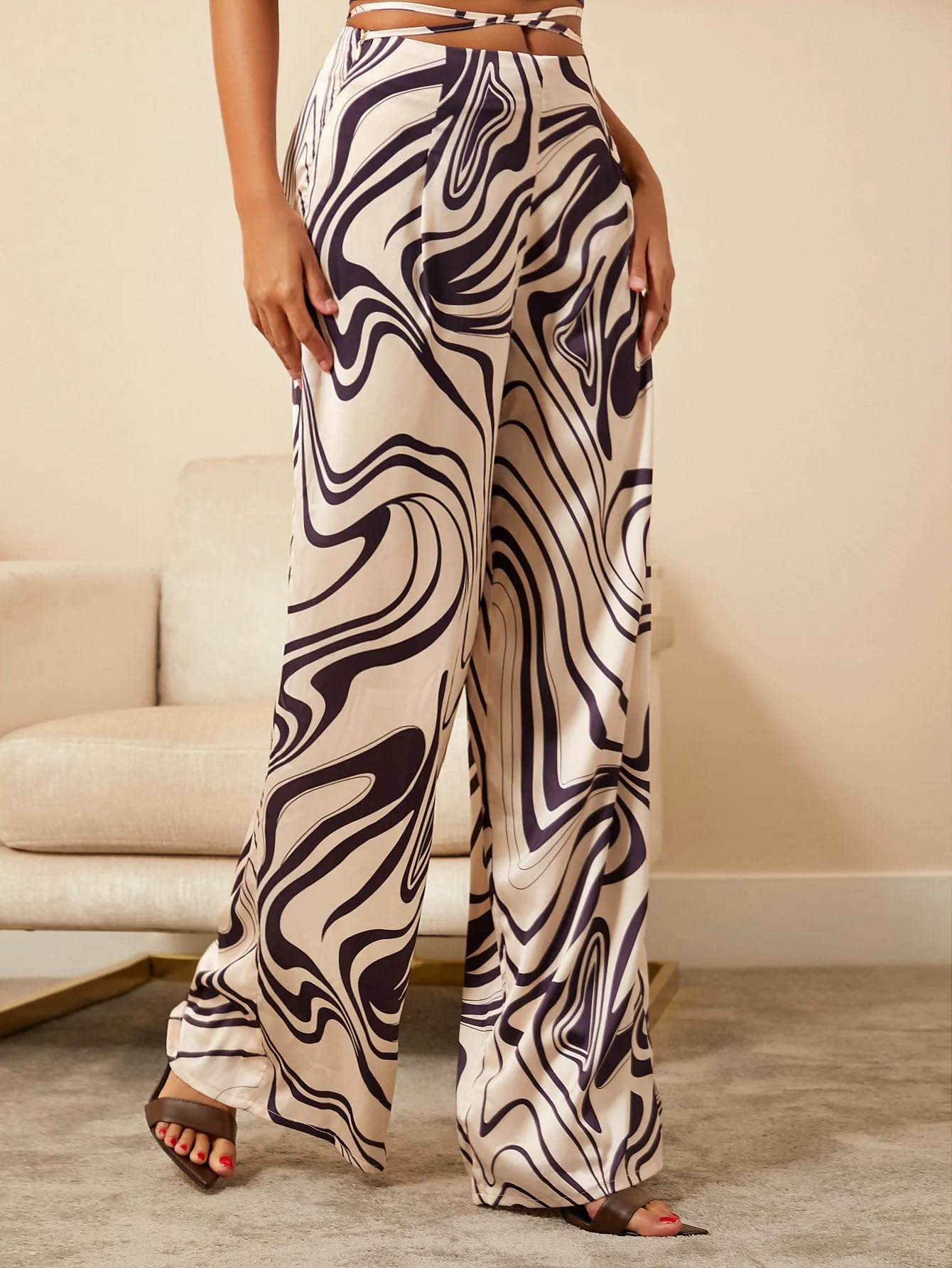 Neu Crisscross Tie Back Marble Print Wide Leg Pants