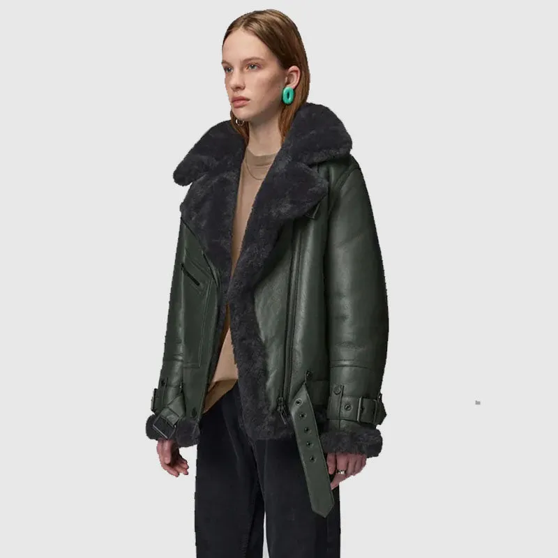 New 2022 Style Women Green RAF Aviator Styled Lambskin Black Shearling Leather Jacket