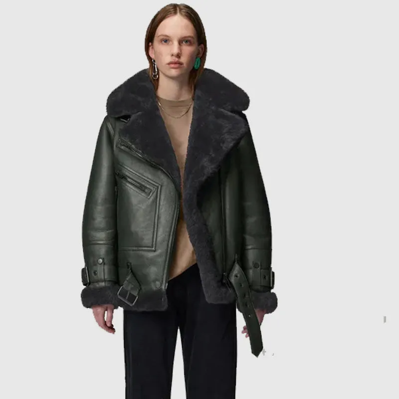 New 2022 Style Women Green RAF Aviator Styled Lambskin Black Shearling Leather Jacket