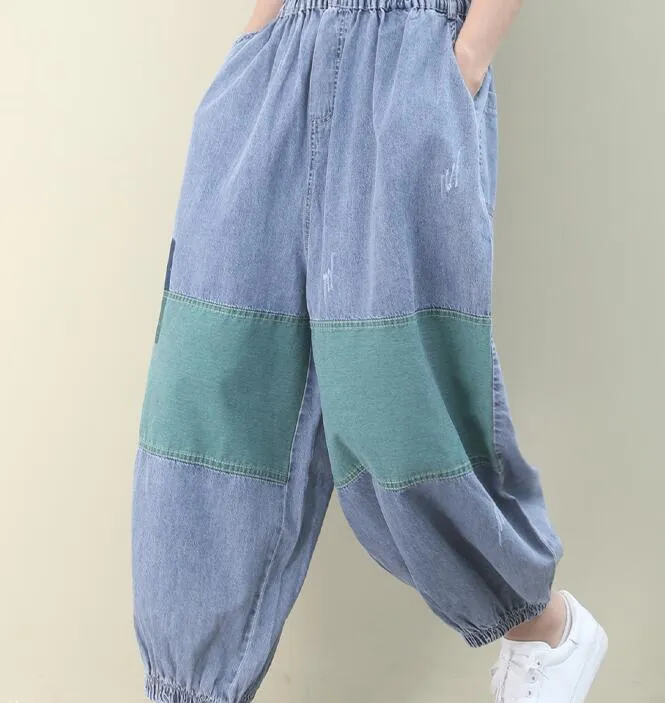 Patch Work Denim Summer Loose Cotton Wide Leg Women Casual Pants WG05131