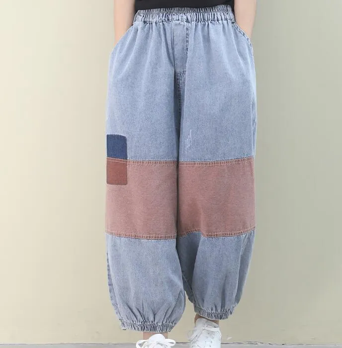 Patch Work Denim Summer Loose Cotton Wide Leg Women Casual Pants WG05131