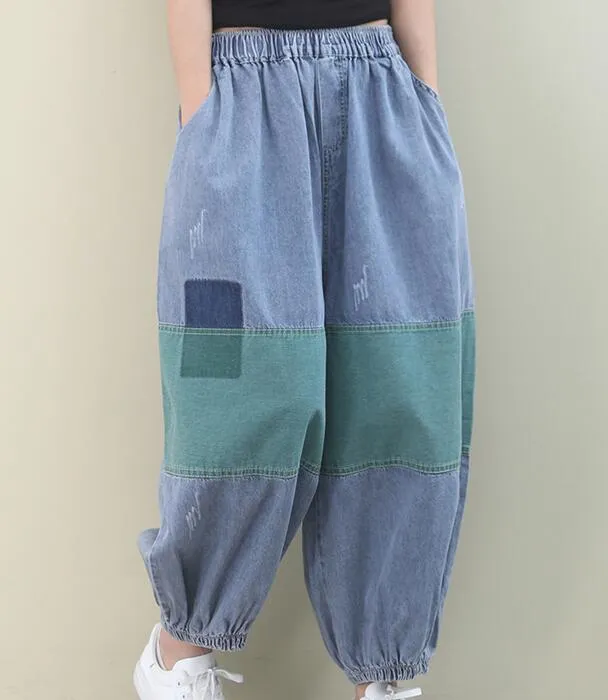 Patch Work Denim Summer Loose Cotton Wide Leg Women Casual Pants WG05131