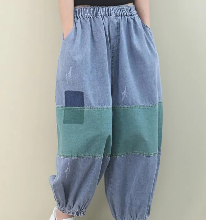 Patch Work Denim Summer Loose Cotton Wide Leg Women Casual Pants WG05131