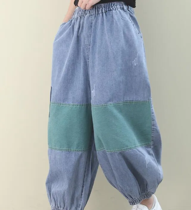 Patch Work Denim Summer Loose Cotton Wide Leg Women Casual Pants WG05131