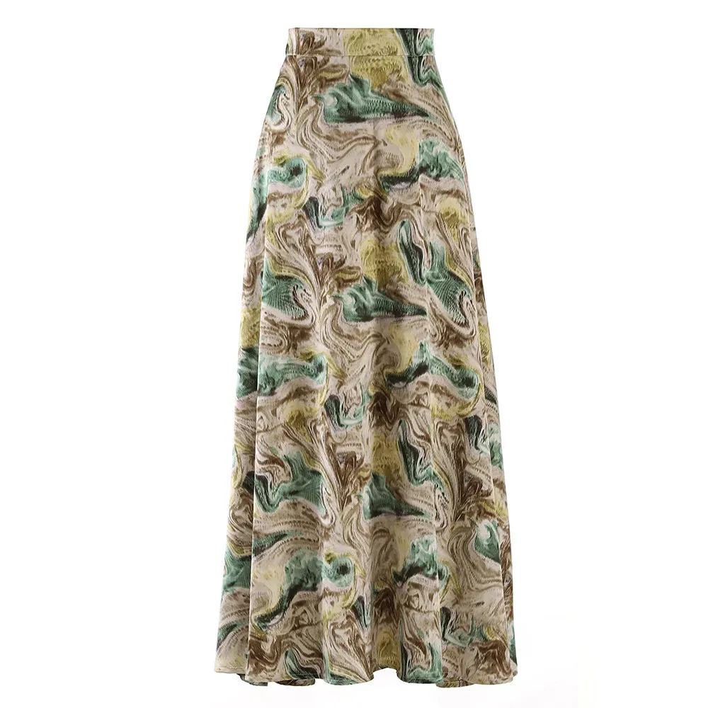 Patchwork Folds Skirts For Women High Waist Spliced Printing Casual Loose A Line Skirt Female Fashion Clothing