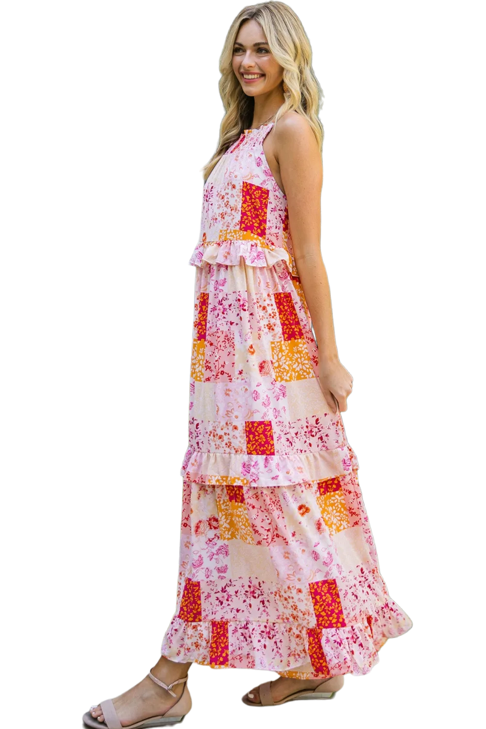 Patchwork Grecian Neck Ruffled Maxi Dress