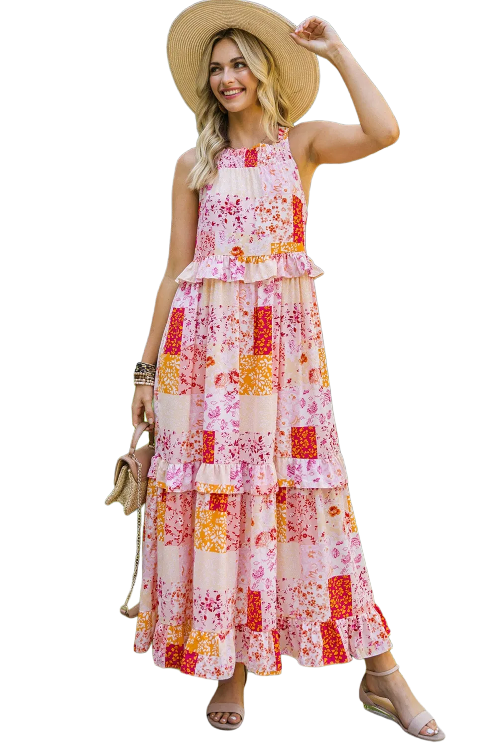 Patchwork Grecian Neck Ruffled Maxi Dress