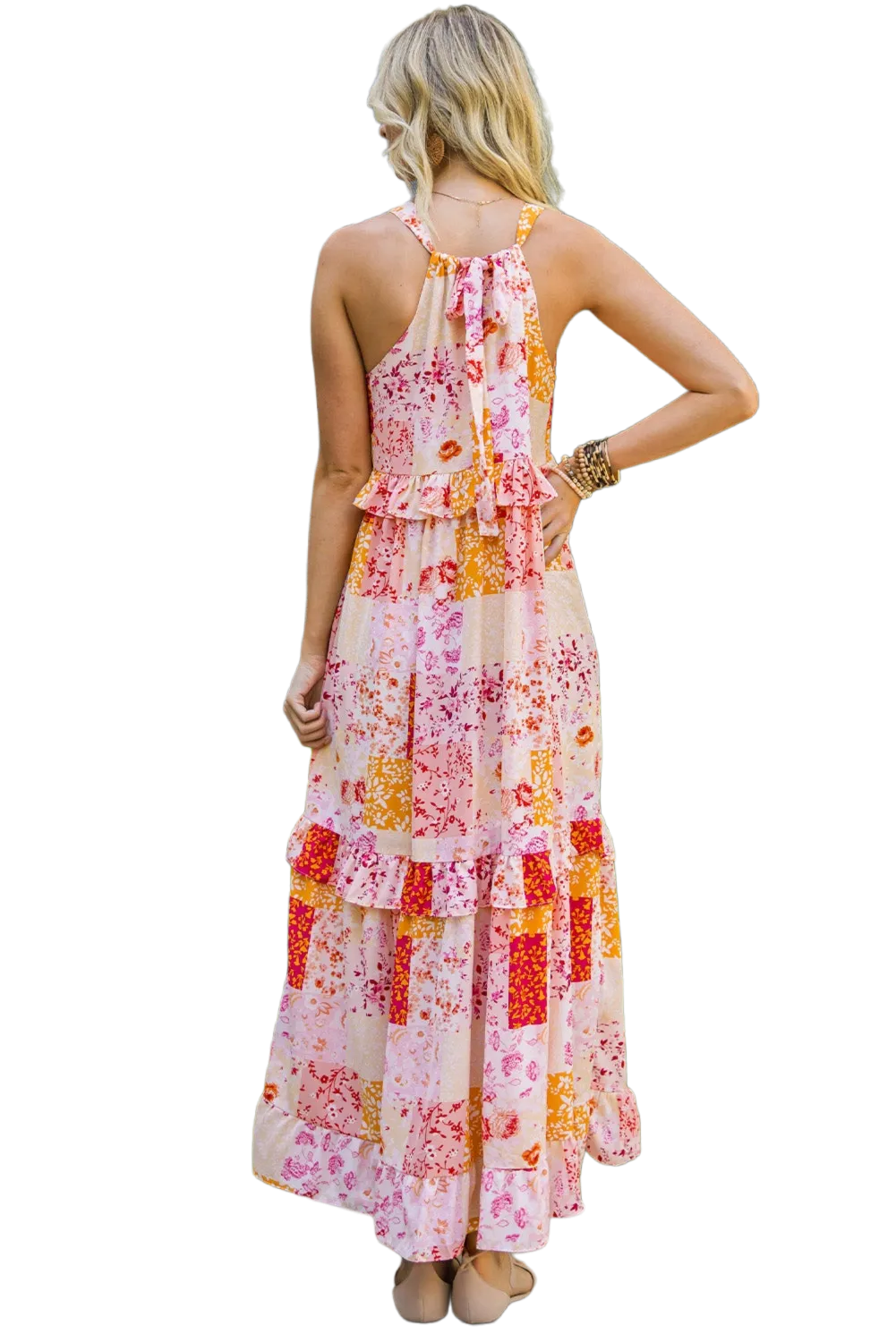 Patchwork Grecian Neck Ruffled Maxi Dress