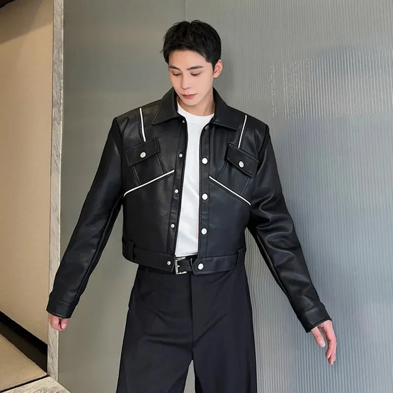 Patchwork Male PU Leather Jackets High Street Turn-down Collar Contrast Color Men's Short Coats Personality Spring 9C3073