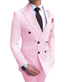 Pink Double Breasted Wedding Groomsman Suit with Black Buttons