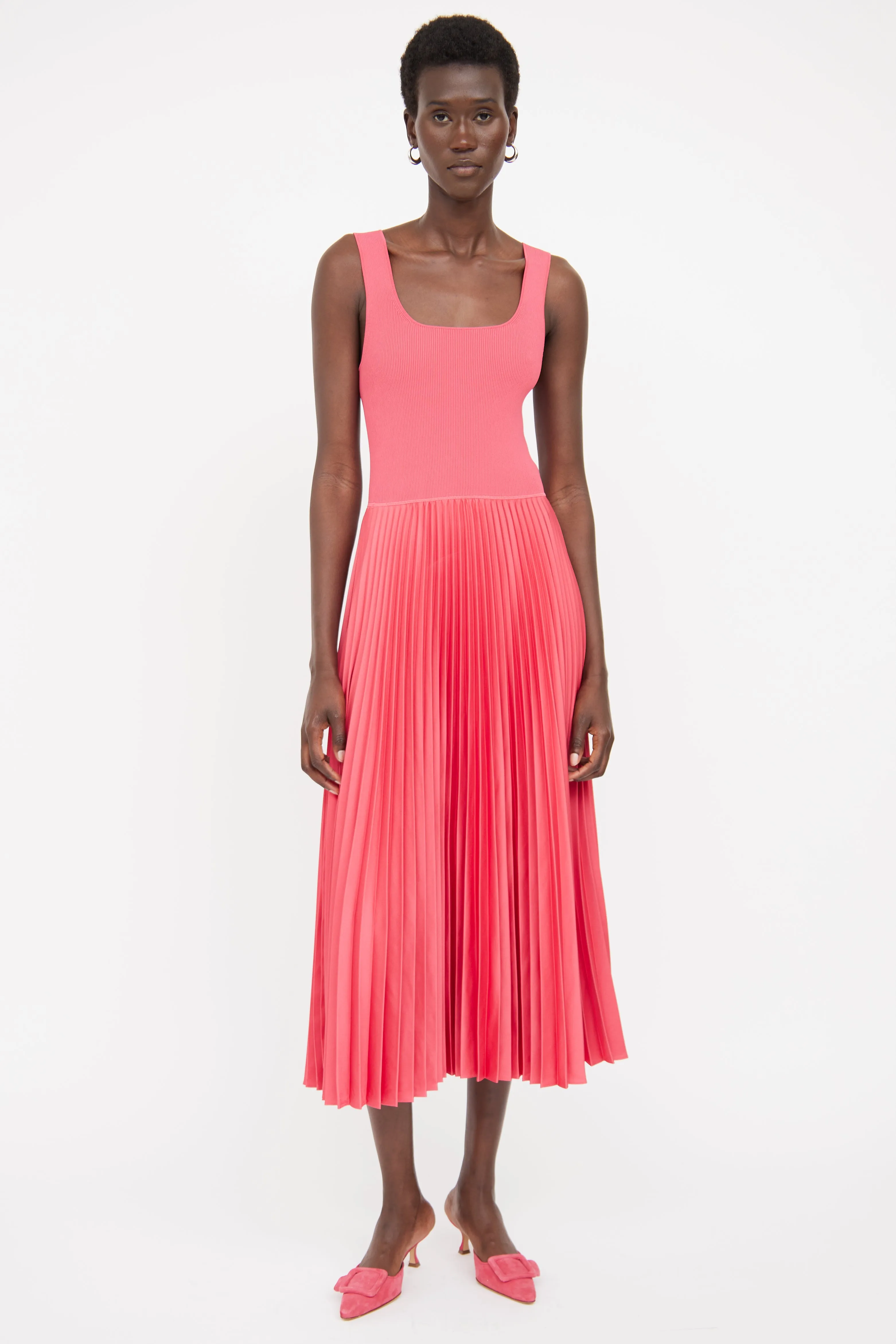 Pink Ribbed & Pleated Maxi Dress