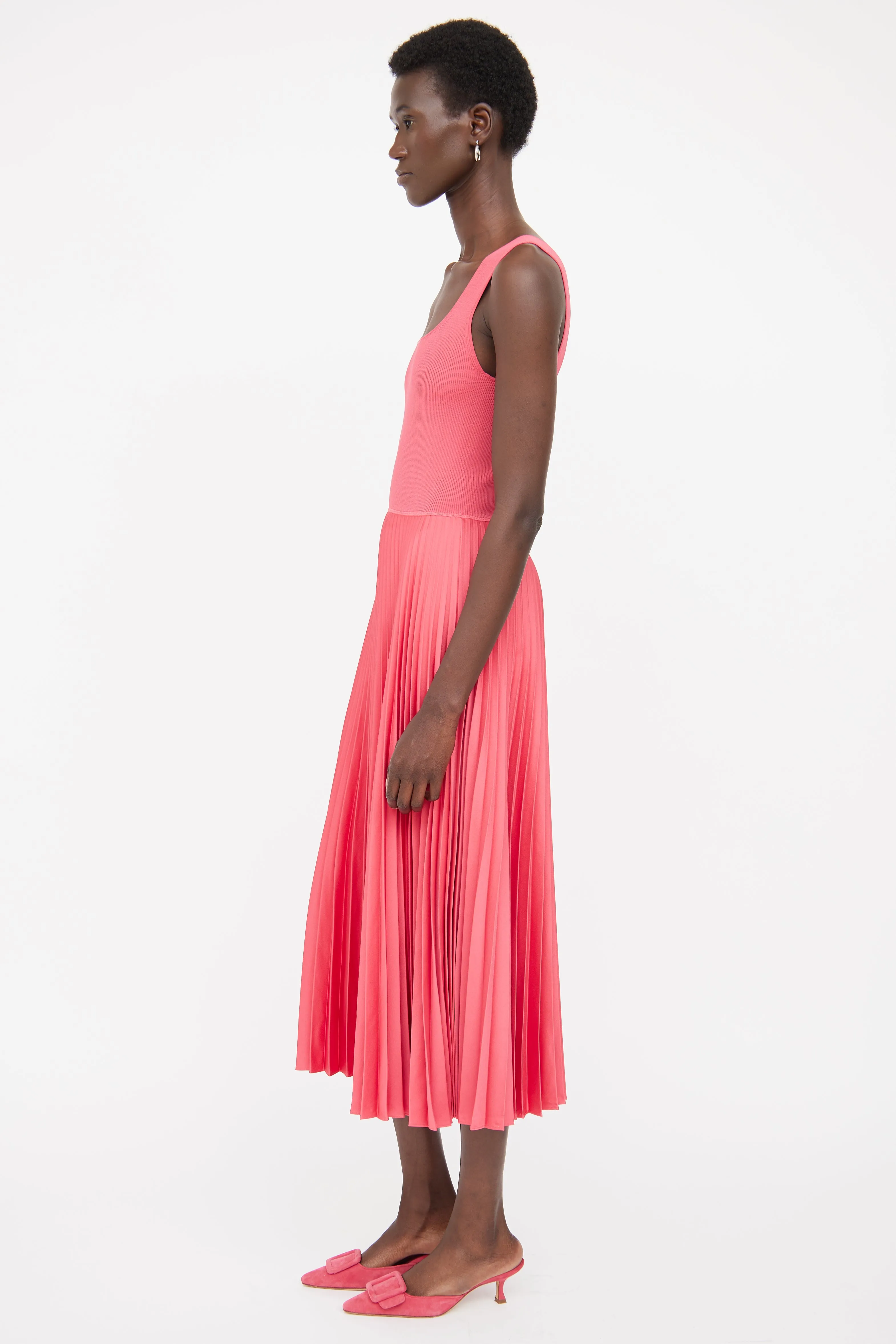 Pink Ribbed & Pleated Maxi Dress