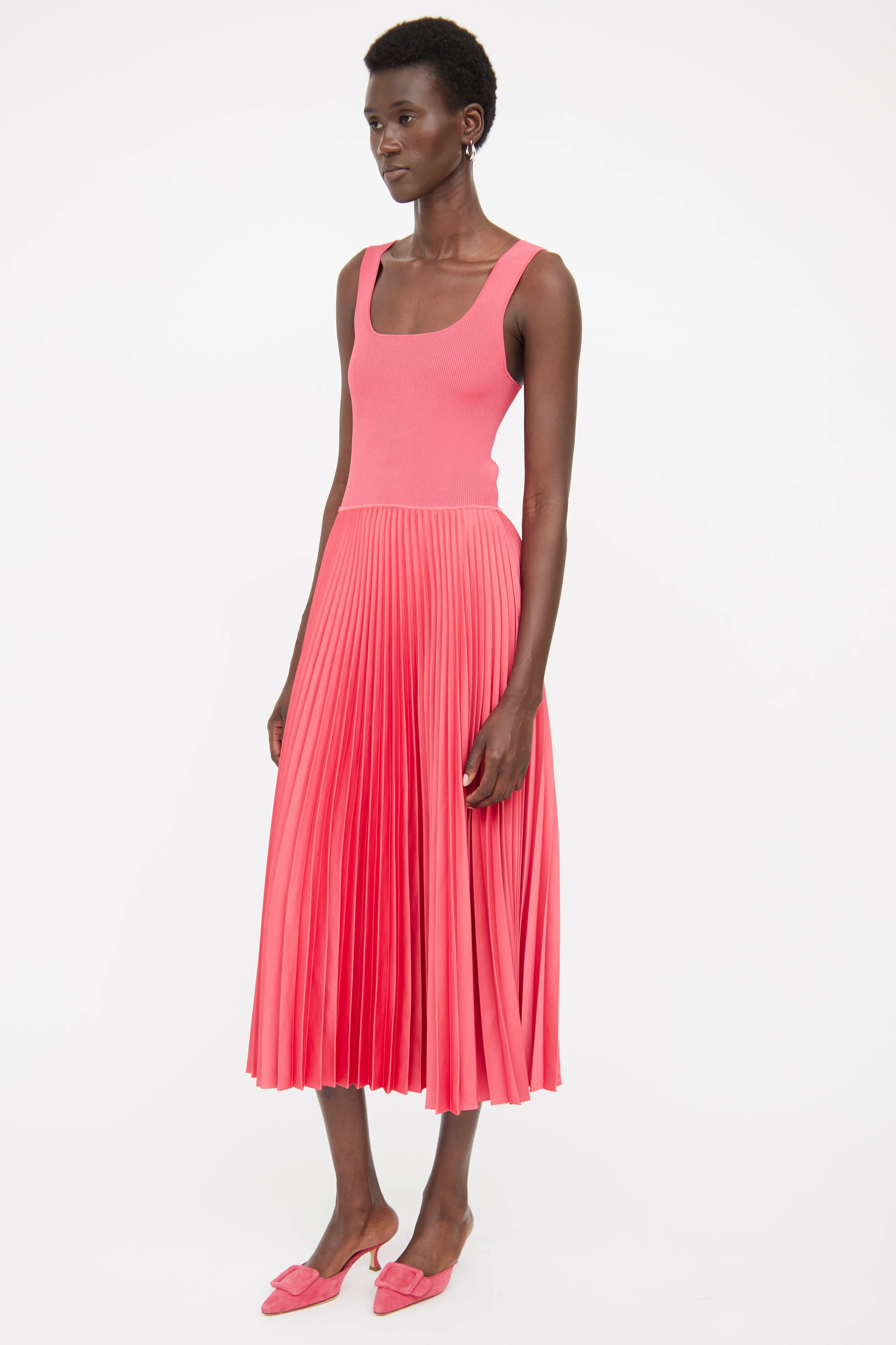 Pink Ribbed & Pleated Maxi Dress