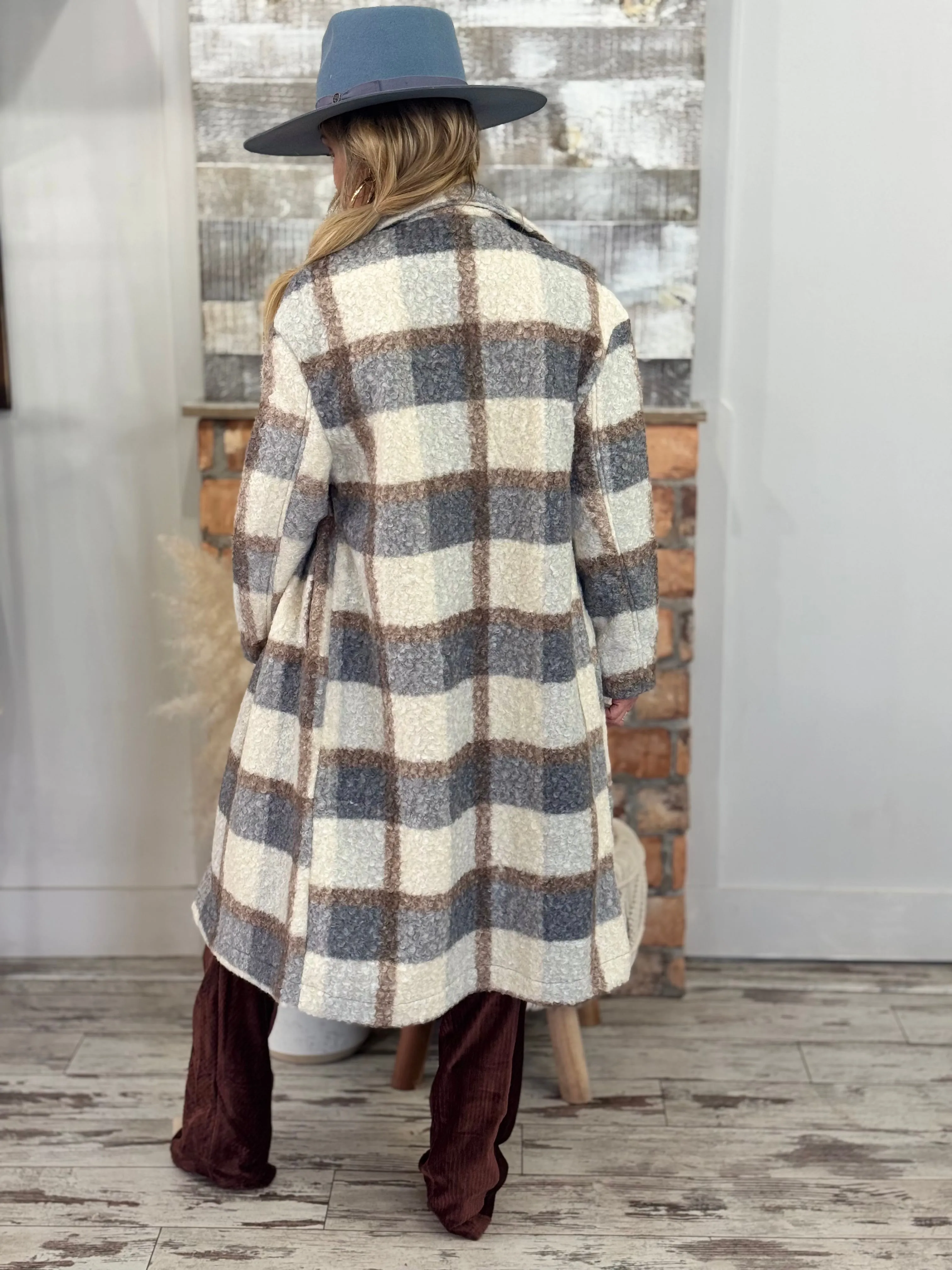 Plaid Button Down Long Coat | Grey