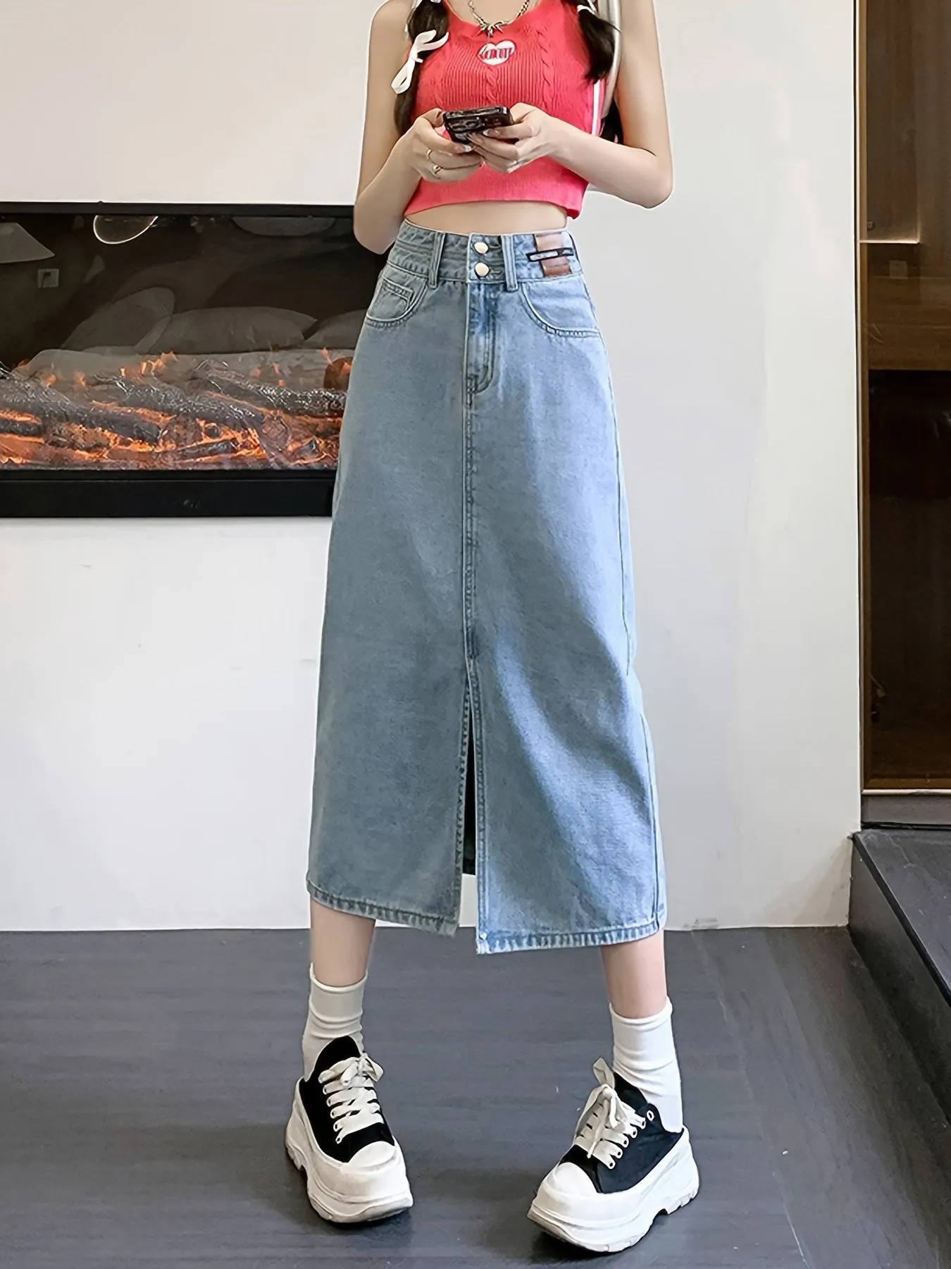 Plain Light Washed Blue Double Buttons High Rise Split Hem Midi Denim Skirt, Women's Denim Jeans & Clothing