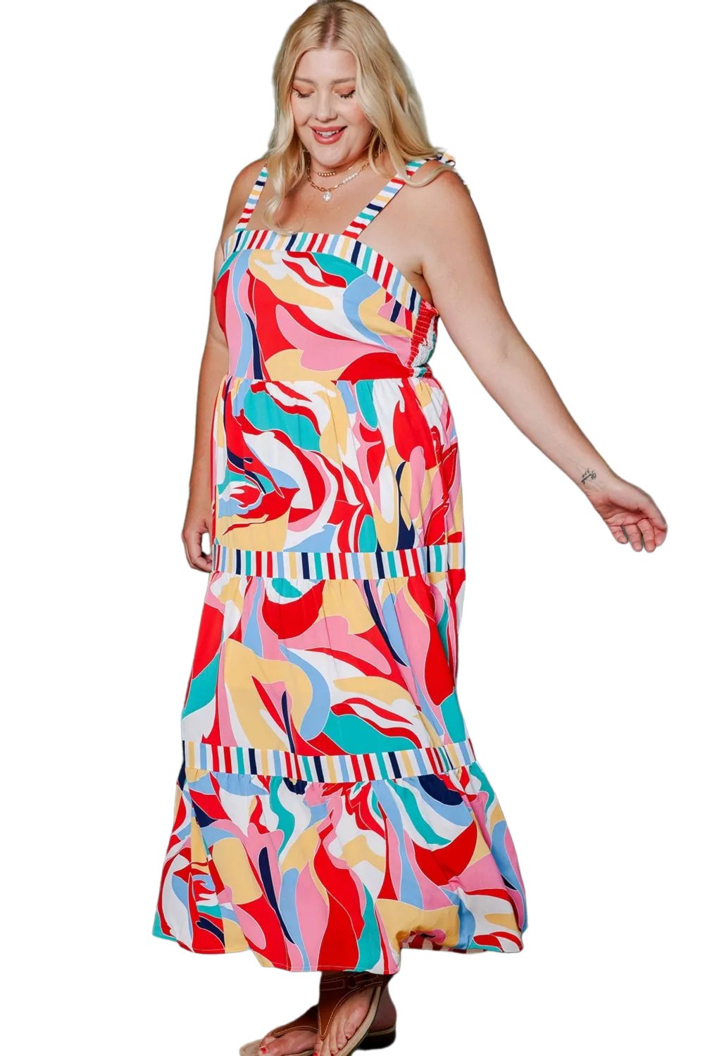 Plus Size Printed Tie Straps Straight Neck Maxi Dress