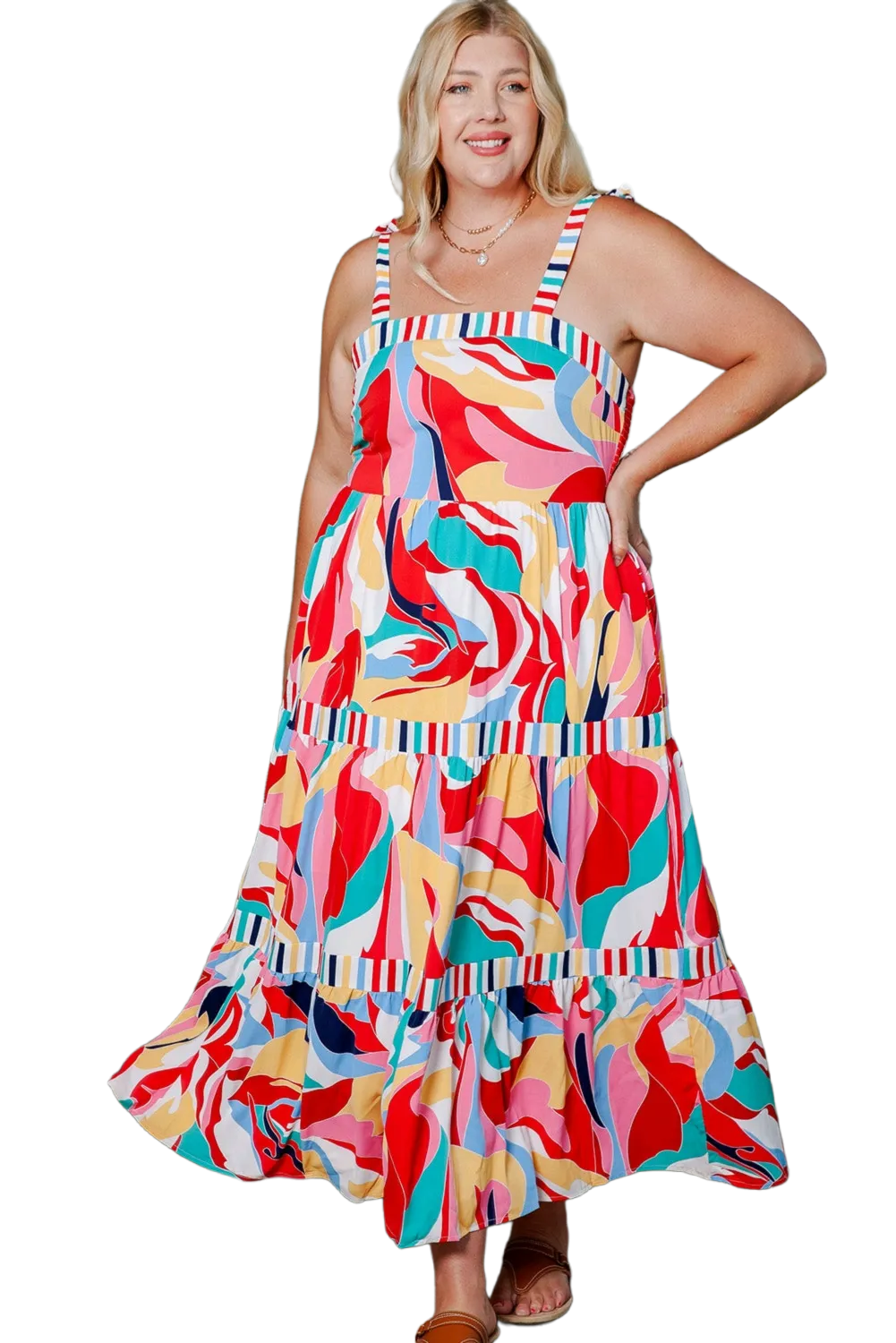 Plus Size Printed Tie Straps Straight Neck Maxi Dress