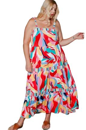 Plus Size Printed Tie Straps Straight Neck Maxi Dress