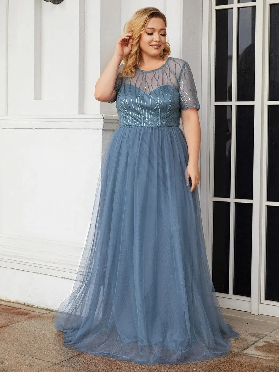 Plus Size Sequin Maxi Tulle Mother of the Bride Dress with Sleeves