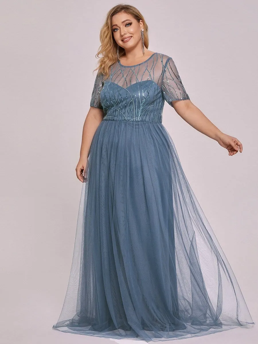 Plus Size Sequin Maxi Tulle Mother of the Bride Dress with Sleeves