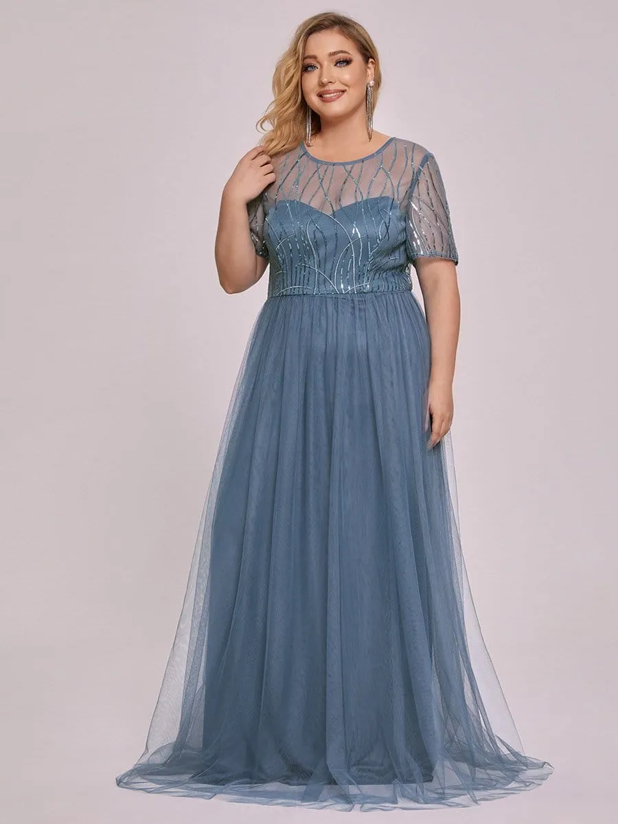 Plus Size Sequin Maxi Tulle Mother of the Bride Dress with Sleeves