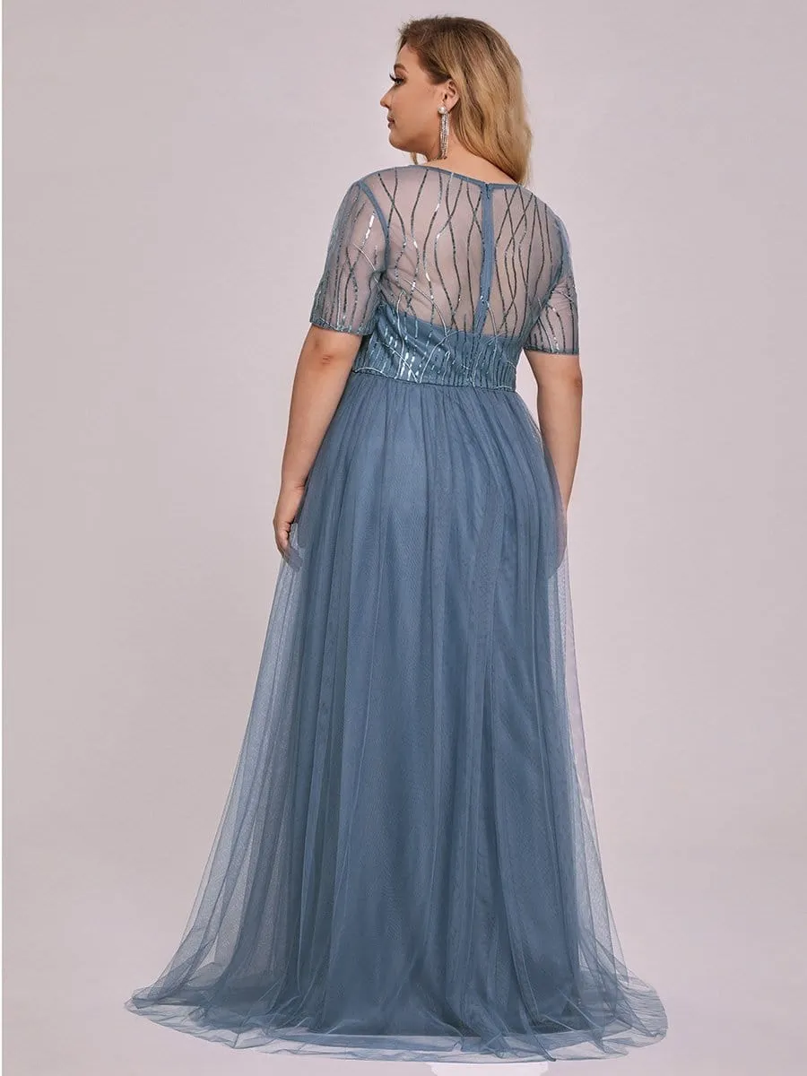 Plus Size Sequin Maxi Tulle Mother of the Bride Dress with Sleeves