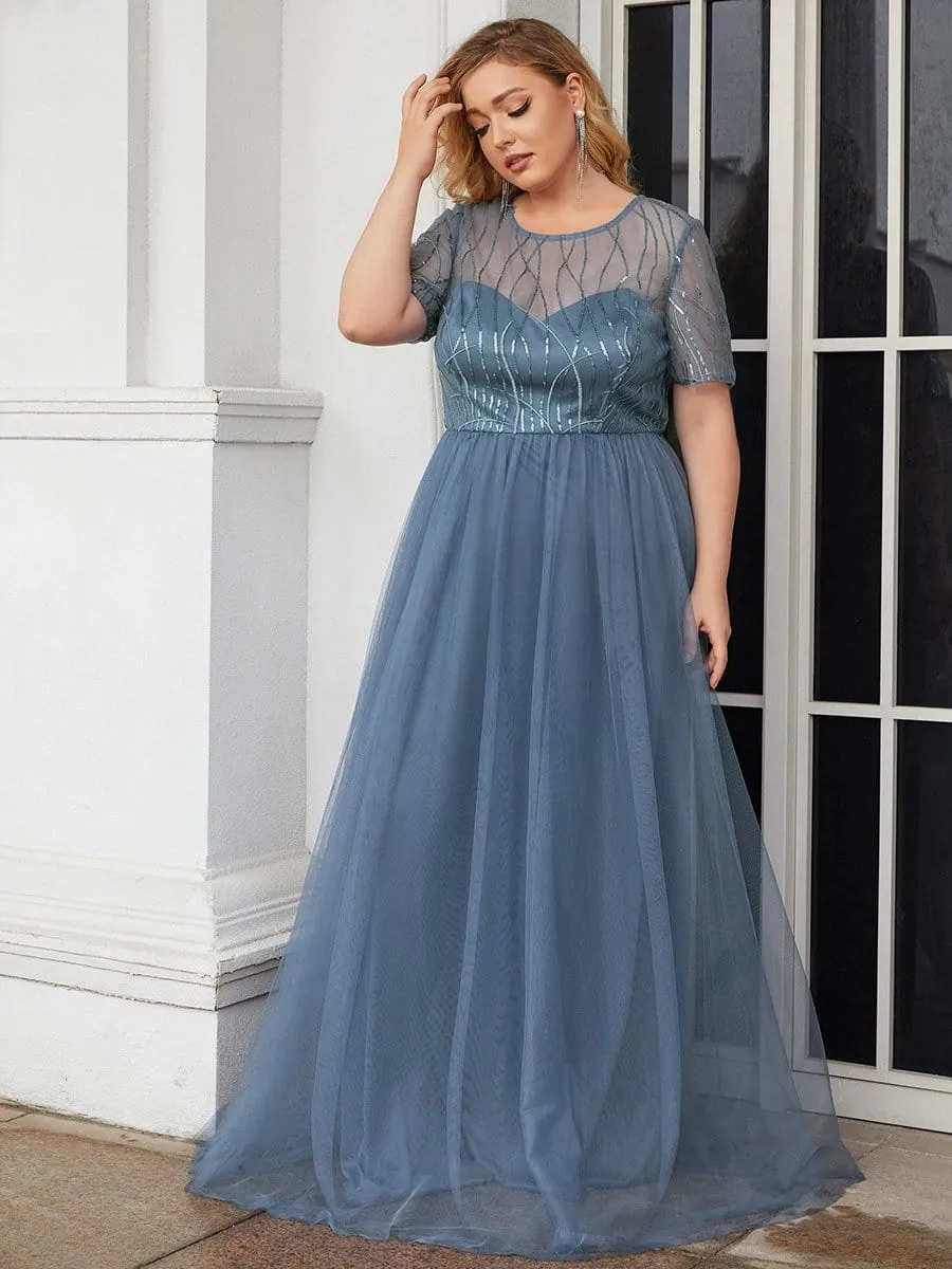 Plus Size Sequin Maxi Tulle Mother of the Bride Dress with Sleeves