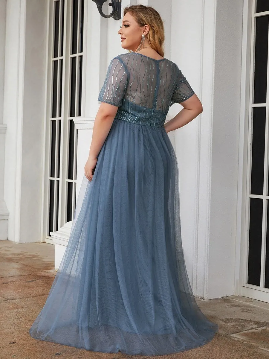 Plus Size Sequin Maxi Tulle Mother of the Bride Dress with Sleeves