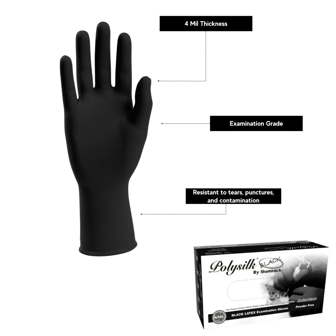 Polysilk by Shamrock Black Latex Gloves - Exam Grade, Powder Free (4 Mil), 100 Cases (Bulk)